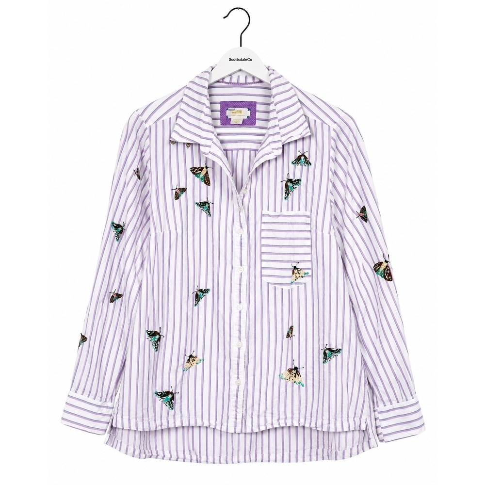 Maeve Anthropologie Butterfly Shirt Womens Medium Purple White Cotton Stripe Top